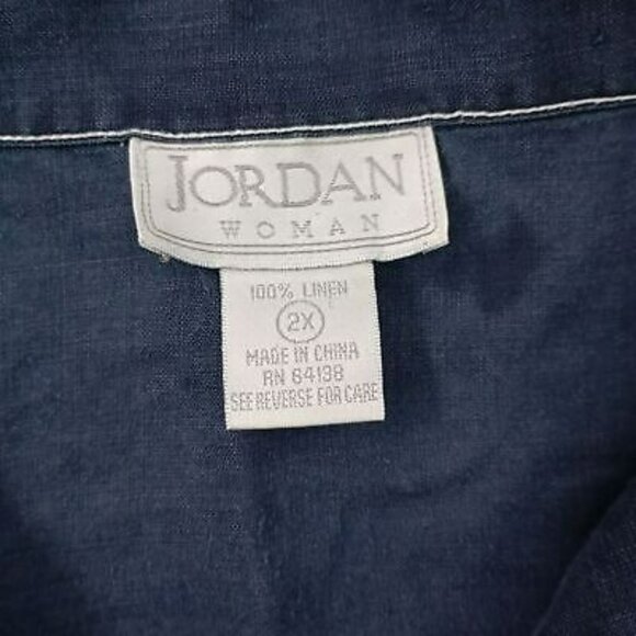 Jordan Woman 2X Navy Blue 100% Linen Lace-Up Collared Top With Pocket - Picture 2 of 7